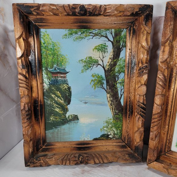 2 Vintage MCM China Scene Oil Paintings ~ One Signed Choe ~ Carved Wood - Picture 2 of 8